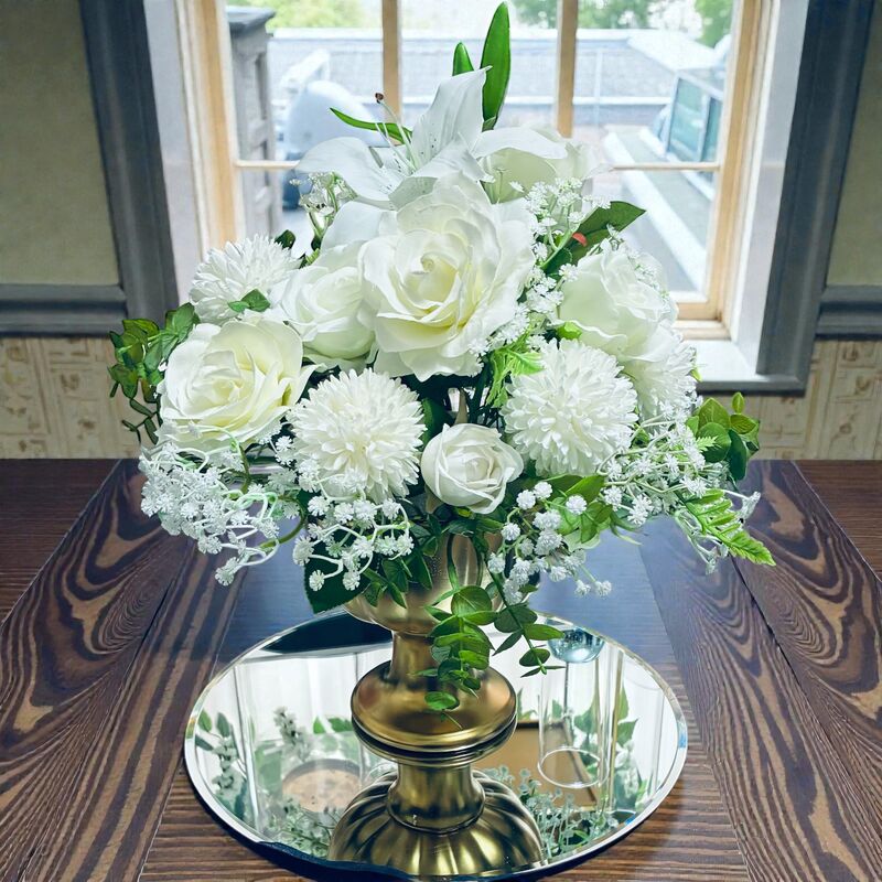 Flower Bowls White Silk Roses in Gold Ceramic Comport 