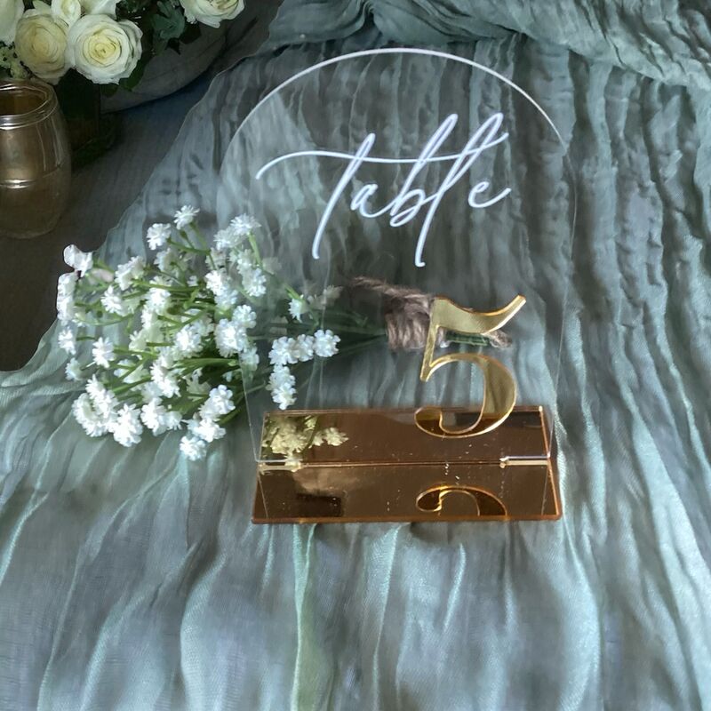 Table Numbers  Acrylic Clear Arch with Gold Number and Stand 