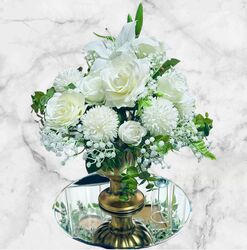Flower Bowls White Silk Roses in Gold Ceramic Comport 