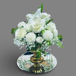 Flower Bowls White Silk Roses in Gold Ceramic Comport 