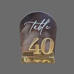Table Numbers - Acrylic Clear Arch with Gold Number and Stand. 