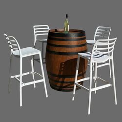 Wine Barrel Set - Wine Barrel, 4 White Stools NEW