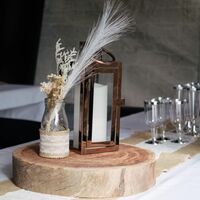 Wood Slice, Rose Gold Lantern, Hessian Milk Bottle with dried flowers 