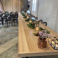 Table Settings, Brass Hexagonal Lanterns, pink vases, 