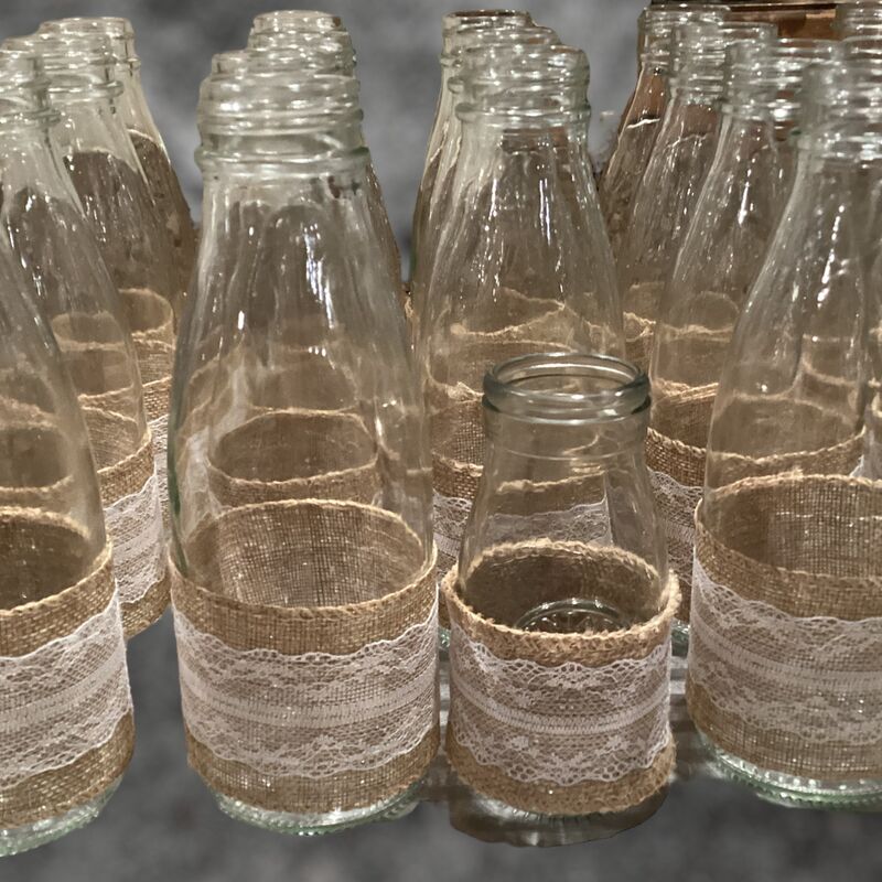 Milk Bottles with Hessian Lace 