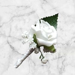 Boutonnire    White RoseSatin Ribbon with Crystal Pin 