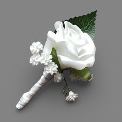 Boutonnire    White RoseSatin Ribbon with Crystal Pin 