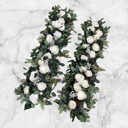 Bridal Table Flower Runners - White Peony Roses with Greenery