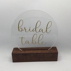 Bridal Table Sign   Round ClearGold on Wooden Stand 