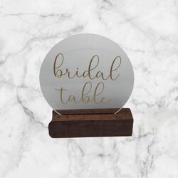 Bridal Table Sign   Round ClearGold on Wooden Stand 