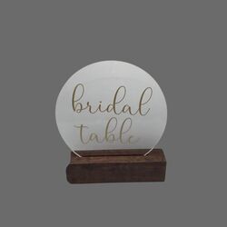 Bridal Table Sign   Round ClearGold on Wooden Stand 