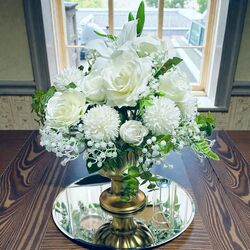 Flower Bowls White Silk Roses in Gold Ceramic Comport 