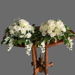 Flower Bowls White Silk Roses with Greenery 