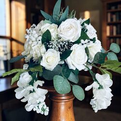 Flower Bowls White Silk Roses with Greenery 