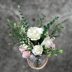 Silk White + Pink Rose Posy in Glass Jar with Rope