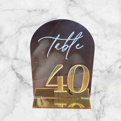 Table Numbers - Acrylic Clear Arch with Gold Number and Stand. 